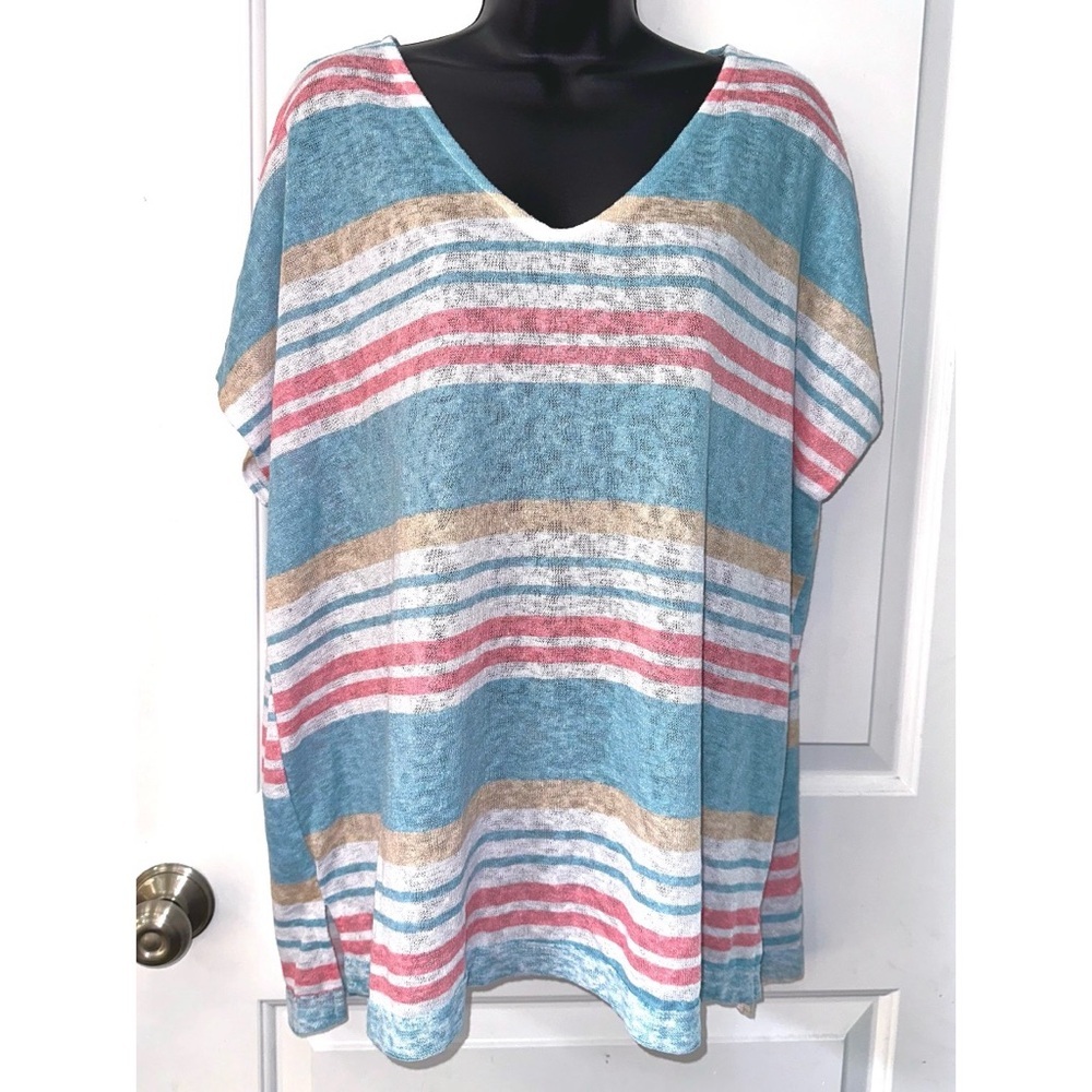 Lovely J pink and blue striped top with dolman style sleeves